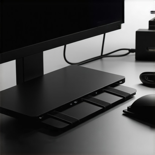 Close-up of a clean USB-C dock and managed cables on a professional desk setup