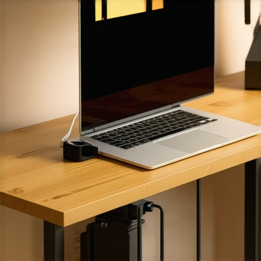 Close up of a laptop mounted under a desk with a USB-C dock and organized cables.