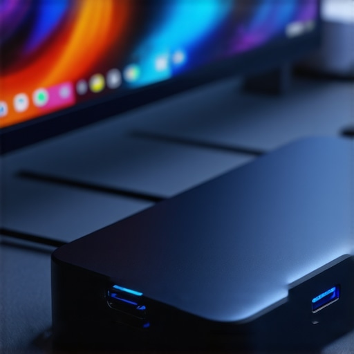 High-end USB-C dock and monitor connectivity Close up of a professional workstation USB-C dock and high-resolution monitor