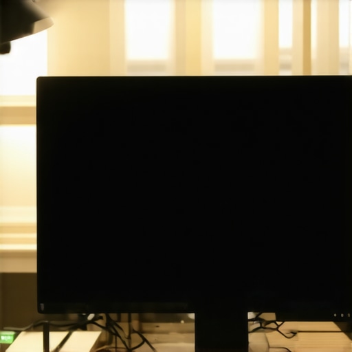 High-end monitor with heavy screen glare Close up of a monitor displaying glare from a desk lamp