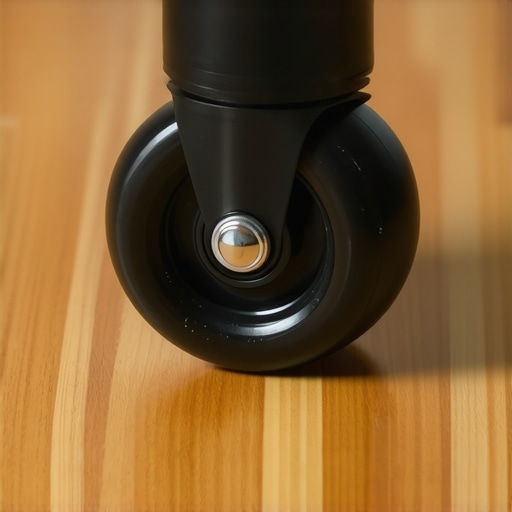 High-quality rollerblade wheels on hardwood Close up of rubber office chair casters protecting a wooden floor