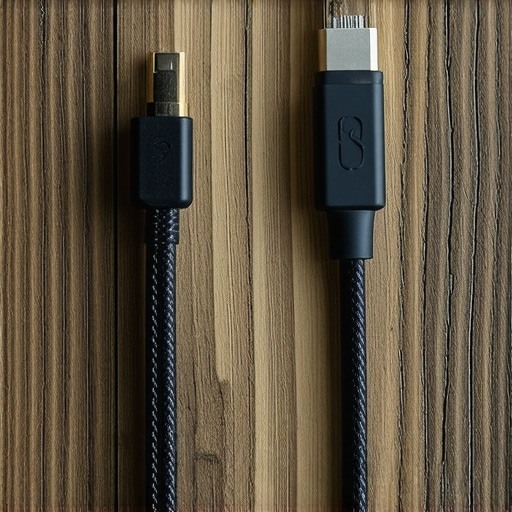 Comparison between a thick braided Thunderbolt 4 cable and a thin unshielded USB-C cable.