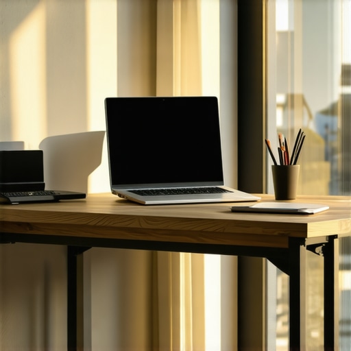 A minimalist desk setup placed perpendicular to a window to maximize natural light while avoiding screen glare.