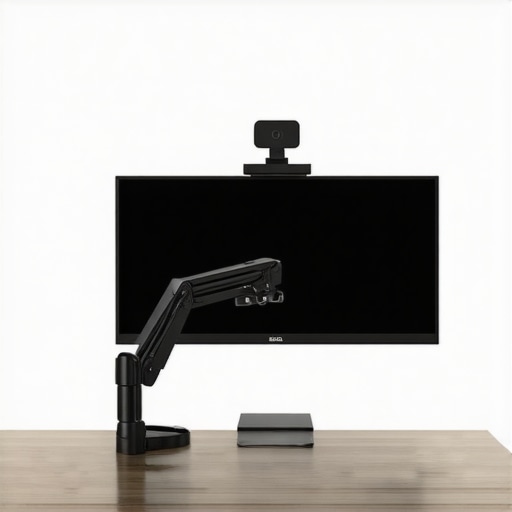 Ideal Monitor and Webcam Alignment A modern desk setup showing an ergonomic monitor arm and webcam placement for professional video calls.
