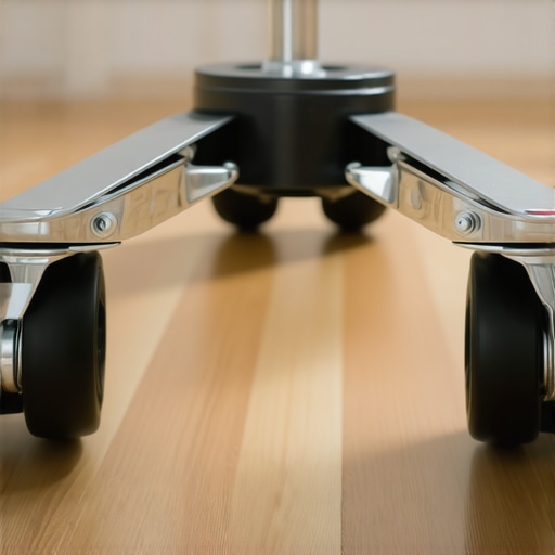 Installation of rollerblade chair casters on wood floor Close-up of soft rubber office chair wheels designed for hardwood protection