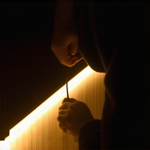 Installing LED strips for under-desk lighting A person carefully mounting a warm LED light strip to the underside of a wooden desk to create ambient office lighting.