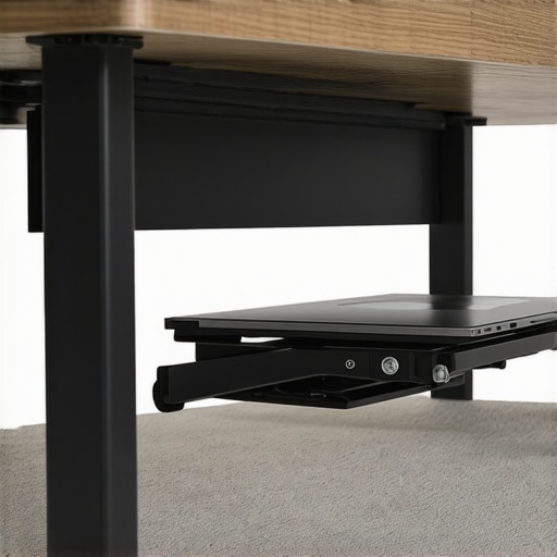Close-up of metal laptop brackets being installed under a desk.