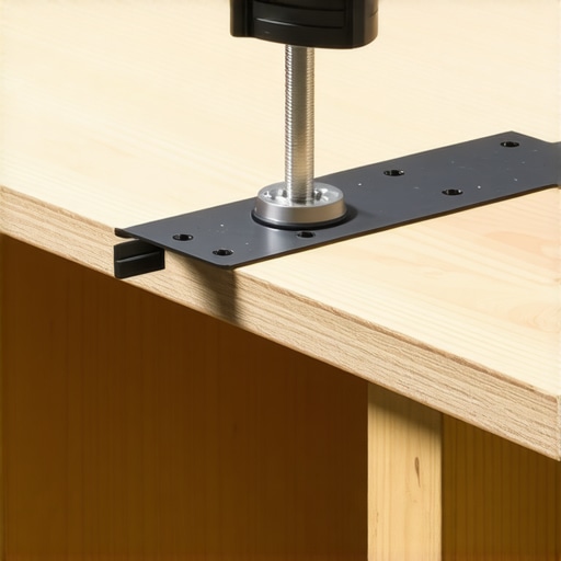 A metal reinforcement plate used to protect a desk from monitor arm clamp pressure.
