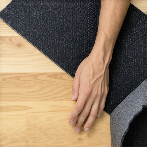 Installing a non-slip mesh liner under a desk mat A rubberized mesh liner being placed under a felt desk mat to prevent sliding on a wooden desk.