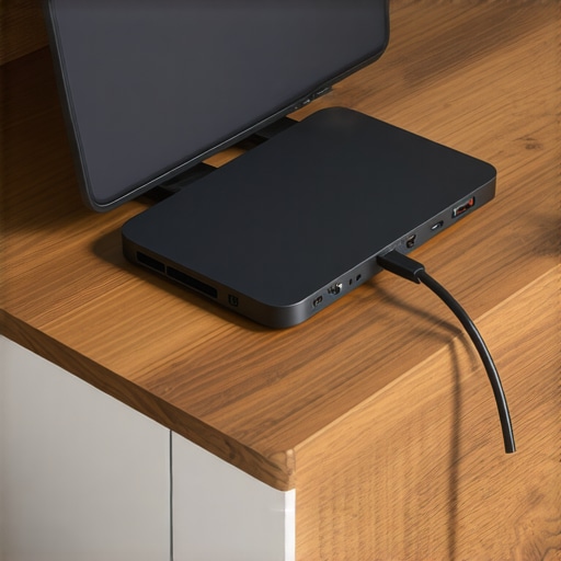 Installing an Under-Desk USB-C Dock Bracket Hands securing a USB-C dock in a mounting bracket under a wooden desk for cable management.