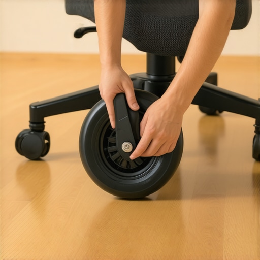 Installing polyurethane office chair wheels on hardwood Hands swapping a standard plastic office chair caster for a floor-friendly polyurethane wheel.