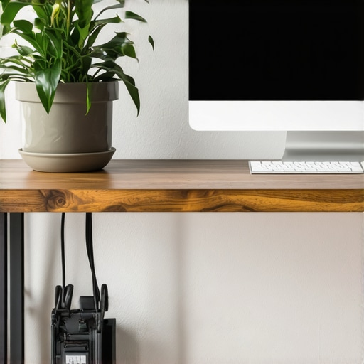 Layered desk setup with plants and tech A desk shelf elevating a plant above computer cables for a nature-inspired workspace.