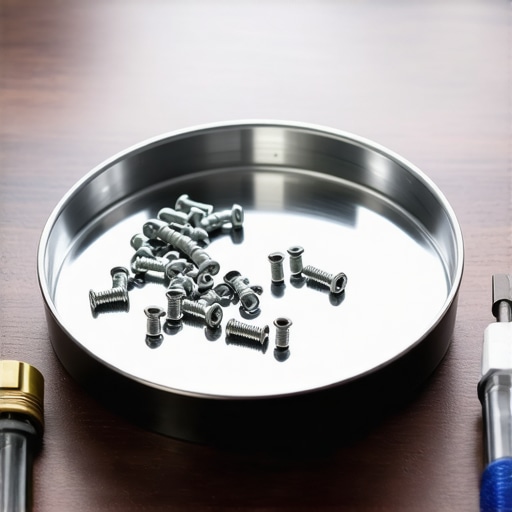A stainless steel magnetic tray holding small electronic screws on a tech enthusiast's desk.