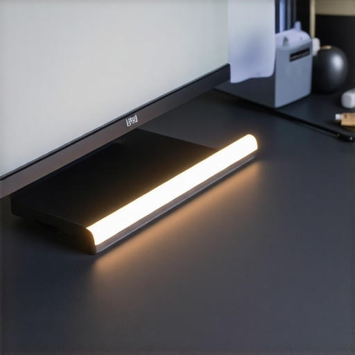 Maintained Modern Desk Setup with Warm Lighting and USB-C Dock An organized, modern desk setup featuring a monitor light bar, a premium desk mat, and a USB-C docking station.