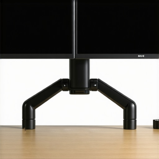 Maintaining Dual Monitor Alignment Perfectly aligned dual computer monitors on a heavy-duty dual arm mount on an oak desk