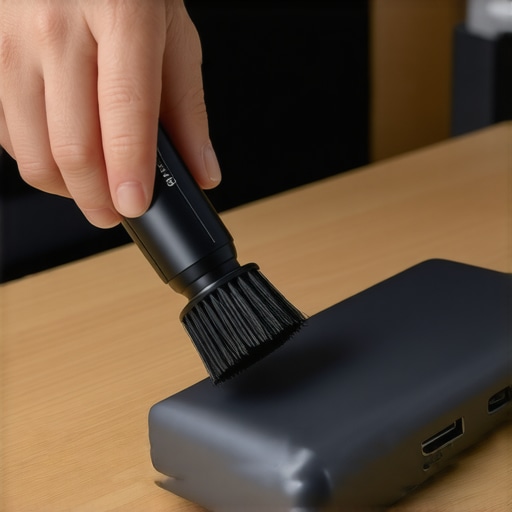 Maintaining Hardware for Longevity A person cleaning a USB-C dock with a brush and compressed air