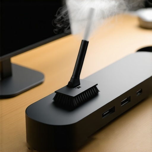Maintaining High-Performance Desk Tech Electronic duster cleaning a USB-C dock