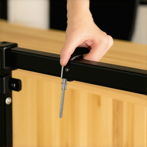 Maintaining Monitor Arm Stability A person adjusting the tension on an ergonomic monitor arm using a hex key on a wooden desk.