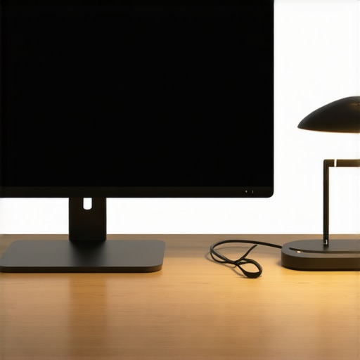 Maintaining Professional Desk Lighting Minimalist desk with monitor light bar and organized USB-C dock.