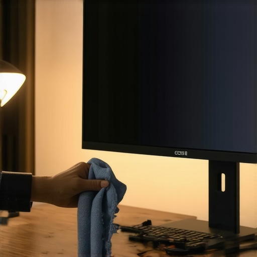 Maintaining Screen Clarity and Hardware Longevity A person cleaning a high-end computer monitor with a microfiber cloth in a professional home office setup.