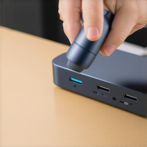 Maintaining USB-C Docking Station Ports Cleaning a USB-C docking station with an electric air duster to prevent dust buildup.