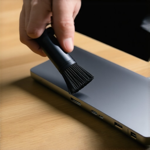 Close-up of cleaning a USB-C docking station with a precision brush to ensure clear monitor resolution.