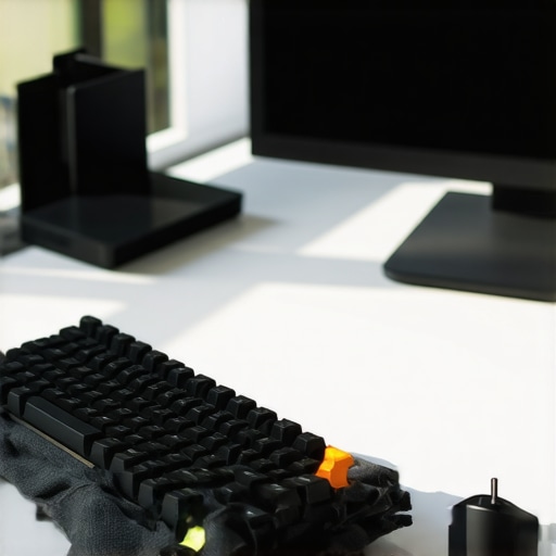 Maintaining a Clean Tech Workspace Microfiber cloth on a felt desk mat with a monitor in the background