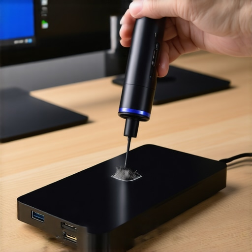 Maintaining a Clean USB-C Dock Setup A person cleaning a USB-C dock with an electronic air duster on a tidy desk.