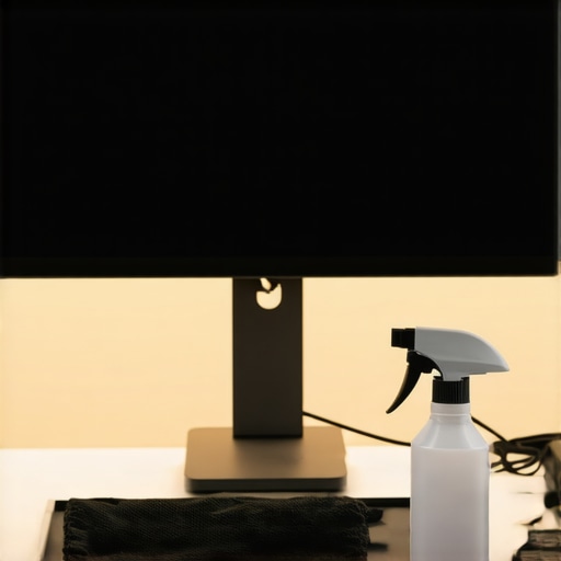 Vertical monitor stack on a clean white desk with cable management and cleaning tools