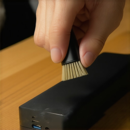 A person cleaning dust out of a USB-C dock port to ensure a stable connection.