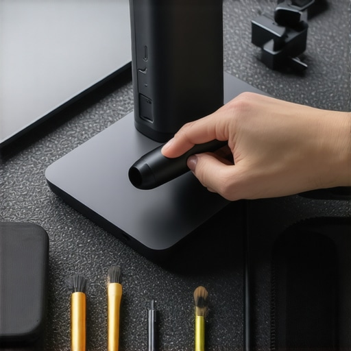 Maintaining a High-End USB-C Docking Station Close up of cleaning dust from a USB-C dock with an air duster and tech cleaning tools.