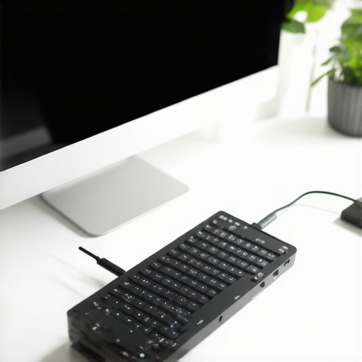A minimalist desk with a USB-C dock and neatly managed cables for maximum productivity.