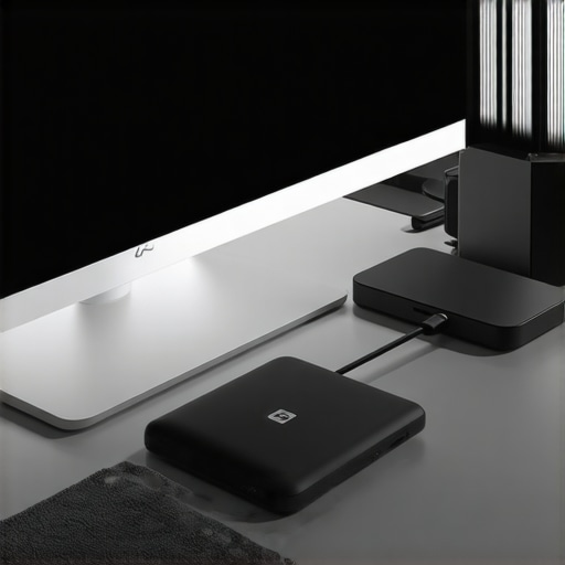 Maintaining a High-Performance Desk Setup A professional desk setup showing a USB-C dock and monitor cleaning supplies for maintenance.