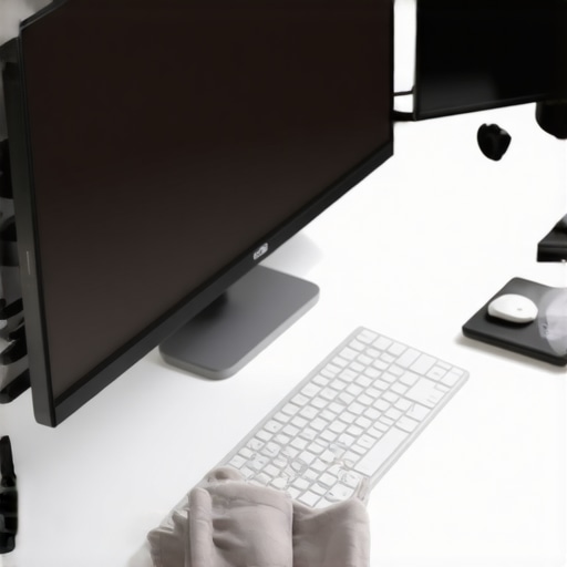 A person cleaning a high-end dual monitor desk setup with professional tools.