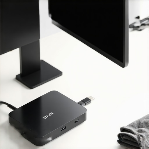 Maintaining a Professional Home Office Desk Close up of USB-C dock and monitor cleaning essentials on a modern desk.