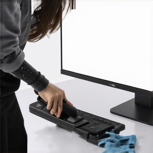 A person cleaning a high-tech desk setup with a microfiber cloth and a small vacuum.