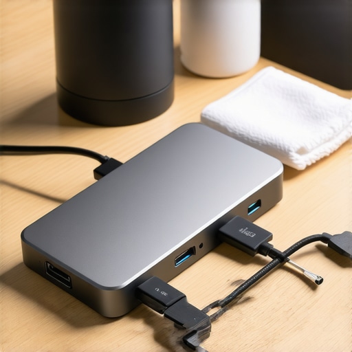 Maintaining a Professional USB-C Dock Setup A clean desk setup showing a USB-C dock and cleaning tools for hardware maintenance.
