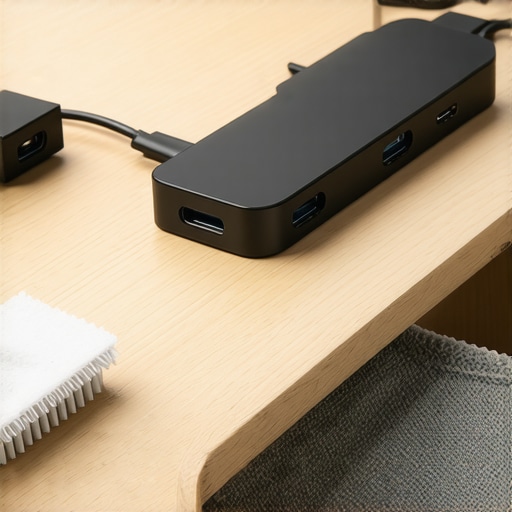 Maintaining a Professional USB-C Dock Setup A USB-C dock and cleaning tools on a modern desk setup.