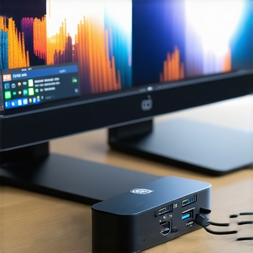 A well-maintained USB-C dock and monitor setup with organized cabling and desk lighting