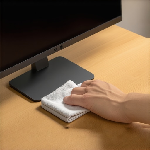 Maintaining a computer monitor and USB-C dock A person cleaning a computer monitor with a microfiber cloth near an organized docking station.