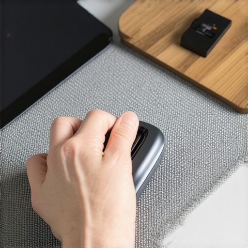 Maintaining natural desk accessories Cleaning a wool felt desk mat on a wood desk to maintain mouse sensor accuracy.