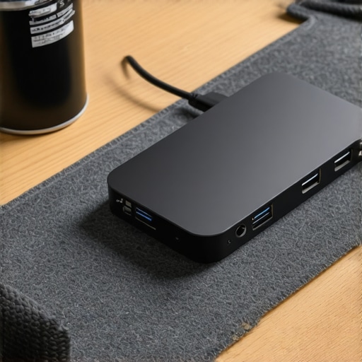 Maintenance Tools for a Clean Desk Setup Close up of USB-C dock and cleaning supplies on a felt desk mat