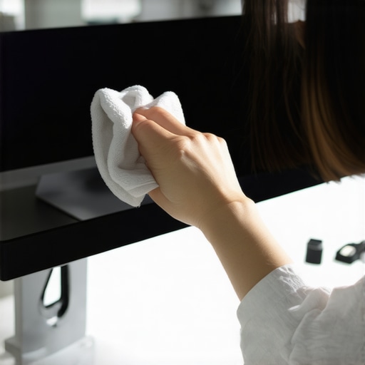 Maintenance for a professional desk setup Person cleaning a high-end monitor screen with a microfiber cloth