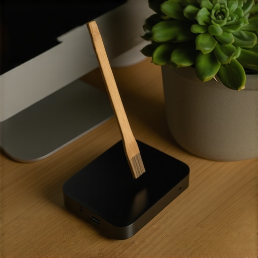 Maintenance of a Biophilic Desk Setup Person cleaning a USB-C dock next to desk plants to maintain hardware longevity.