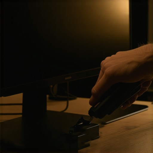 Maintenance of high-end desk setup with air duster A person cleaning a USB-C dock and monitor with an electric air duster to maintain performance.