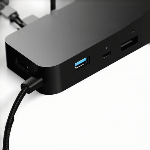 Close up of a high-end USB-C dock with organized cables on a wooden desk