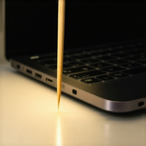 Manual USB-C Port Cleaning Process A person using a wooden toothpick to carefully remove dust from a USB-C port.