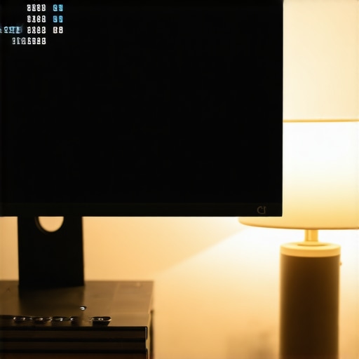 Close-up of monitor menu with manual brightness controls and desk lighting
