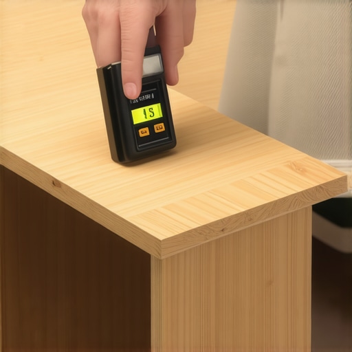A person using a digital level to calibrate an under-desk footrest for ergonomic accuracy.