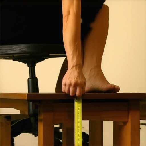 Measuring for ergonomic footrest height A person measuring leg length for an under-desk footrest setup.
